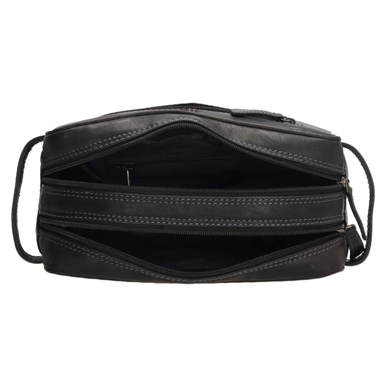 Kulturtasche 25x15cm in Schwarz aus Leder mit zwei Fächern - leder-accessoires.com