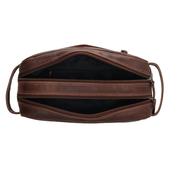 Kulturtasche 25x15cm in Braun aus Leder mit zwei Fächern - leder-accessoires.com