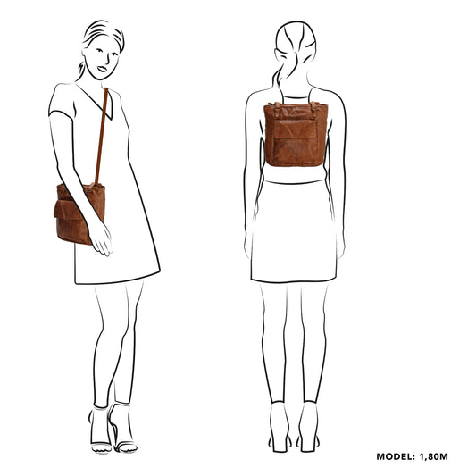 Ledershopper-| Rucksack 23 x 26,5cm in Cognac mit Reißverschluss und Vortasche