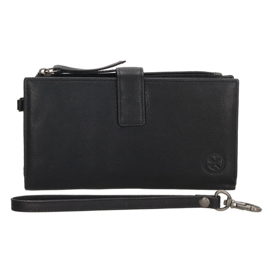 Lederbörse 18,5x10cm mit Handyfach in Schwarz und Riegel - leder-accessoires.com