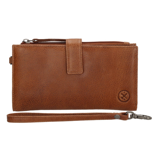 Lederbörse 18,5x10cm mit Handyfach in Cognac und Riegel - leder-accessoires.com