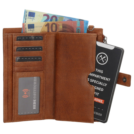 Lederbörse 18,5x10cm mit Handyfach in Cognac und Riegel - leder-accessoires.com