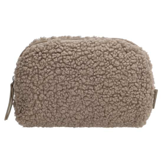Schmuck-| Kulturtasche 26 x 6,5cm in Taupe aus Teddyfell - leder-accessoires.com