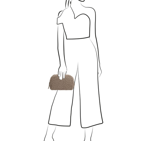 Schmuck-| Kulturtasche 26 x 6,5cm in Taupe aus Teddyfell - leder-accessoires.com