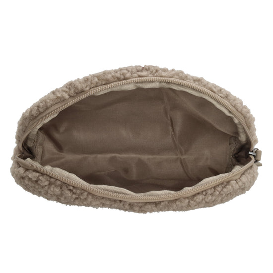 Schmuck-| Kulturtasche 26 x 6,5cm in Taupe aus Teddyfell - leder-accessoires.com