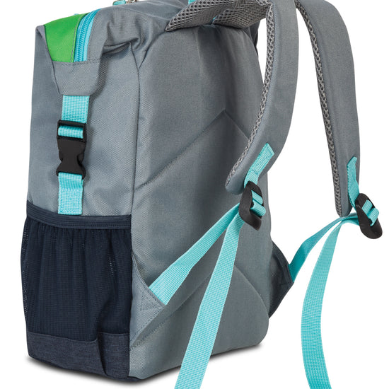 Kinderrucksack "Drache " aus recyceltem Material in Grün|Grau - leder-accessoires.com