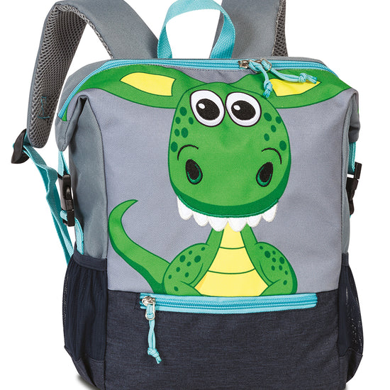 Kinderrucksack "Drache " aus recyceltem Material in Grün|Grau - leder-accessoires.com