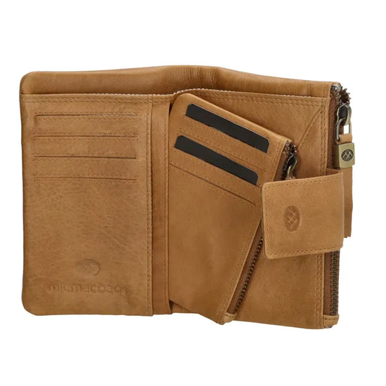 Lederbörse 15x9cm in Beige mit Druckknopf und Reißverschlussfach - leder-accessoires.com