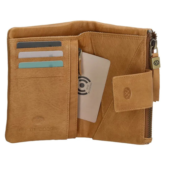 Lederbörse 15x9cm in Beige mit Druckknopf und Reißverschlussfach - leder-accessoires.com