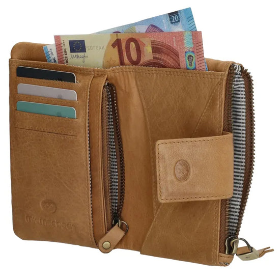 Lederbörse 15x9cm in Beige mit Druckknopf und Reißverschlussfach - leder-accessoires.com