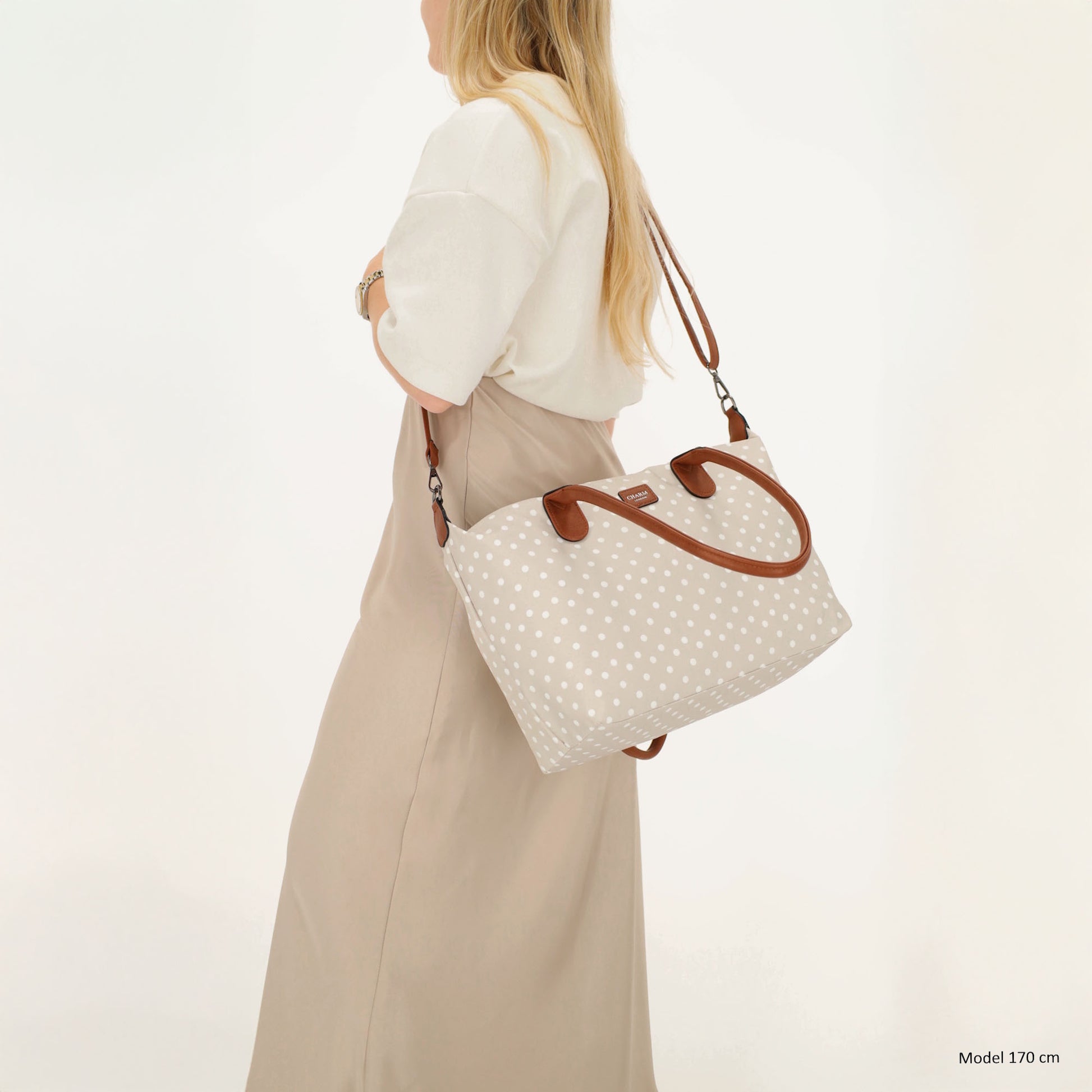 Schultertasche 42x25cm in Punkte Weiß|Nude aus Nylon - leder-accessoires.com