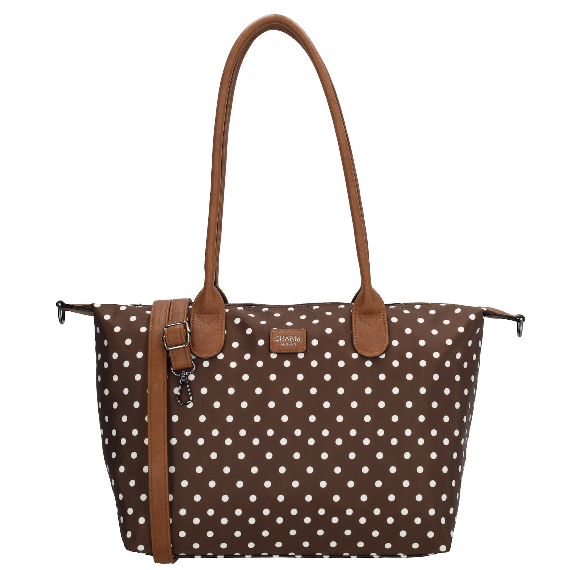 Schultertasche 42x25cm in Punkte Weiß|Braun aus Nylon - leder-accessoires.com