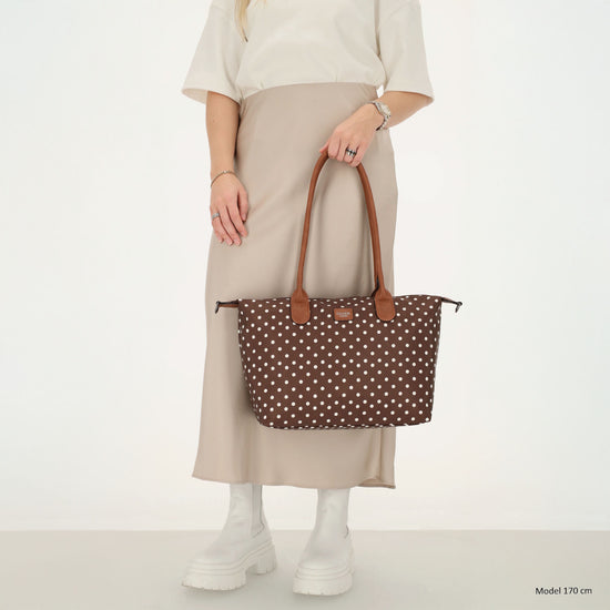 Schultertasche 42x25cm in Punkte Weiß|Braun aus Nylon - leder-accessoires.com