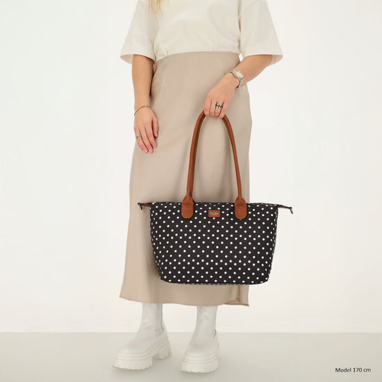 Schultertasche 42x25cm in Schwarz| Punkte Weiß aus Nylon - leder-accessoires.com