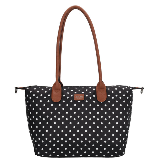 Schultertasche 42x25cm in Schwarz| Punkte Weiß aus Nylon - leder-accessoires.com