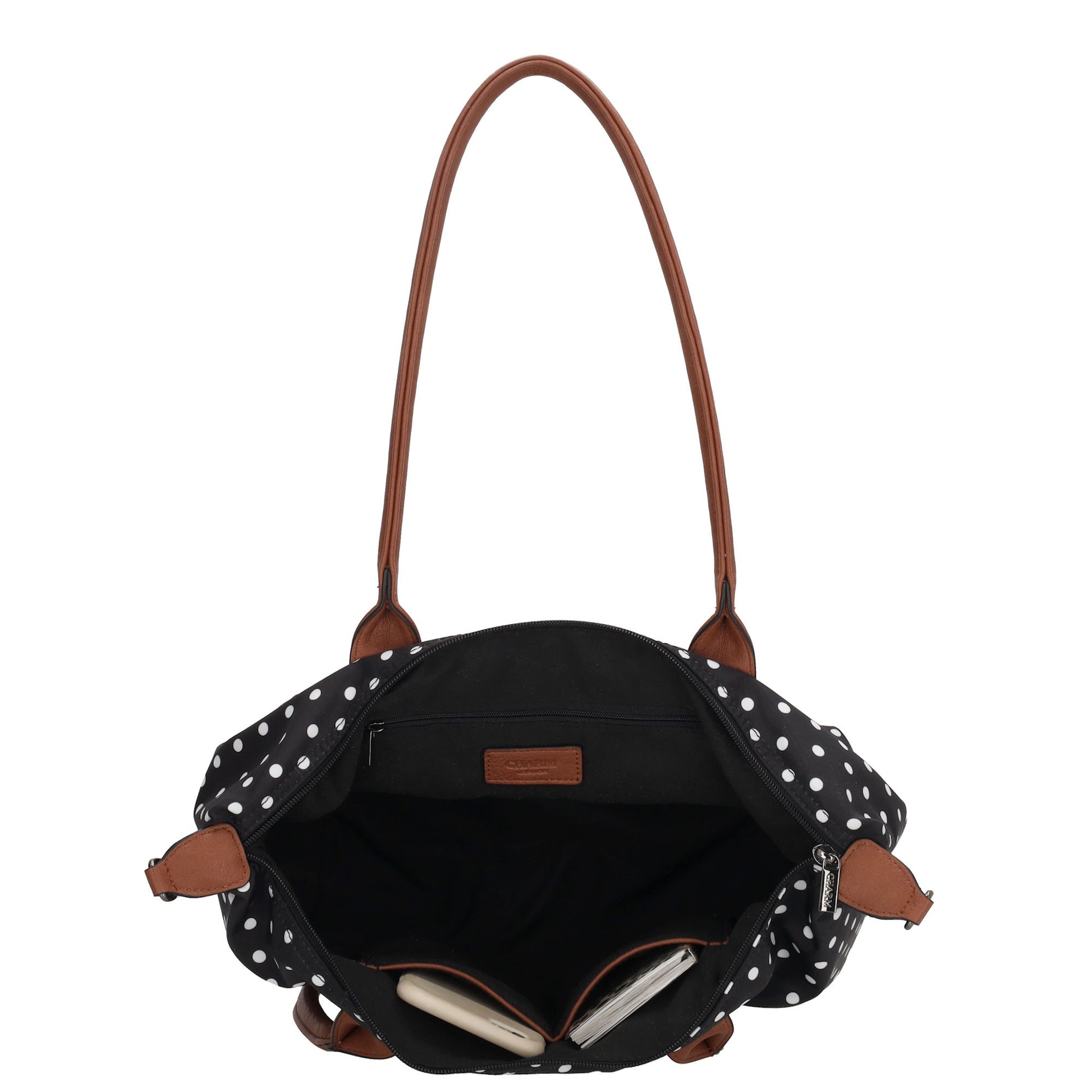 Schultertasche 42x25cm in Schwarz| Punkte Weiß aus Nylon - leder-accessoires.com