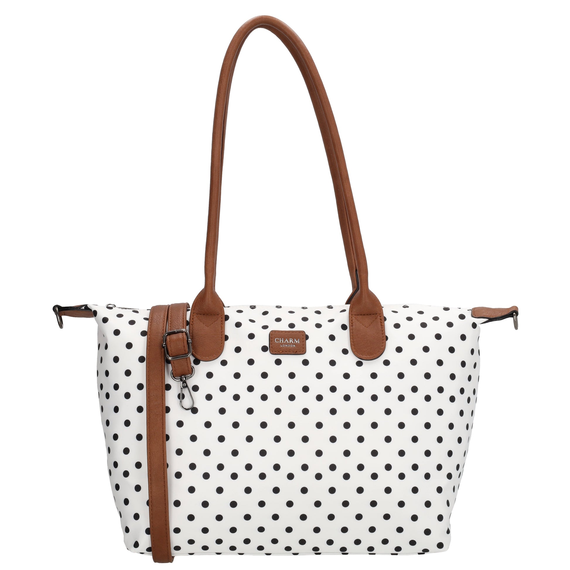 Schultertasche 42x25cm in Weiß | Punkte Schwarz aus Nylon - leder-accessoires.com