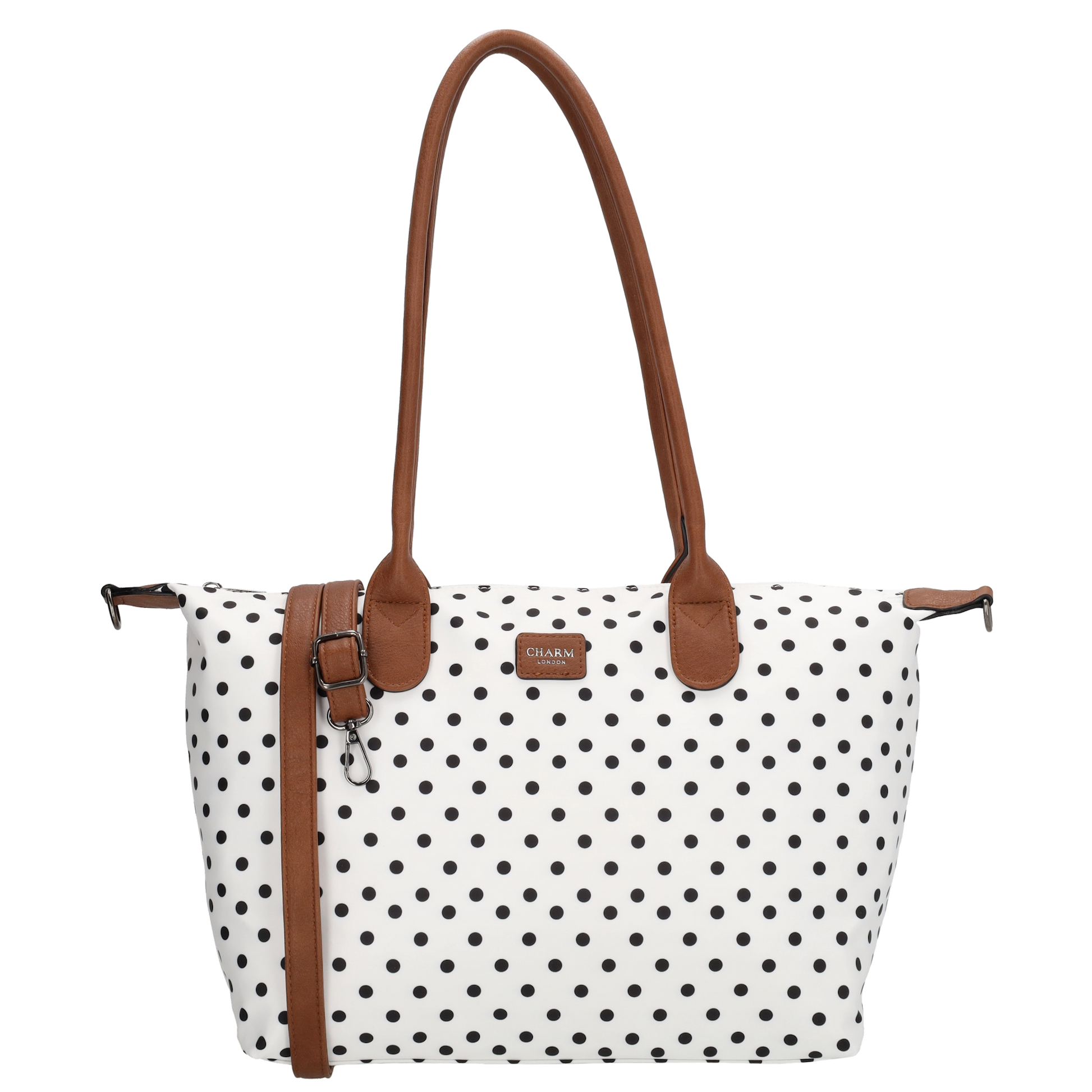 Schultertasche 42x25cm in Weiß | Punkte Schwarz aus Nylon - leder-accessoires.com