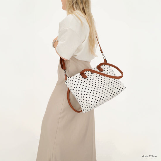 Schultertasche 42x25cm in Weiß | Punkte Schwarz aus Nylon - leder-accessoires.com
