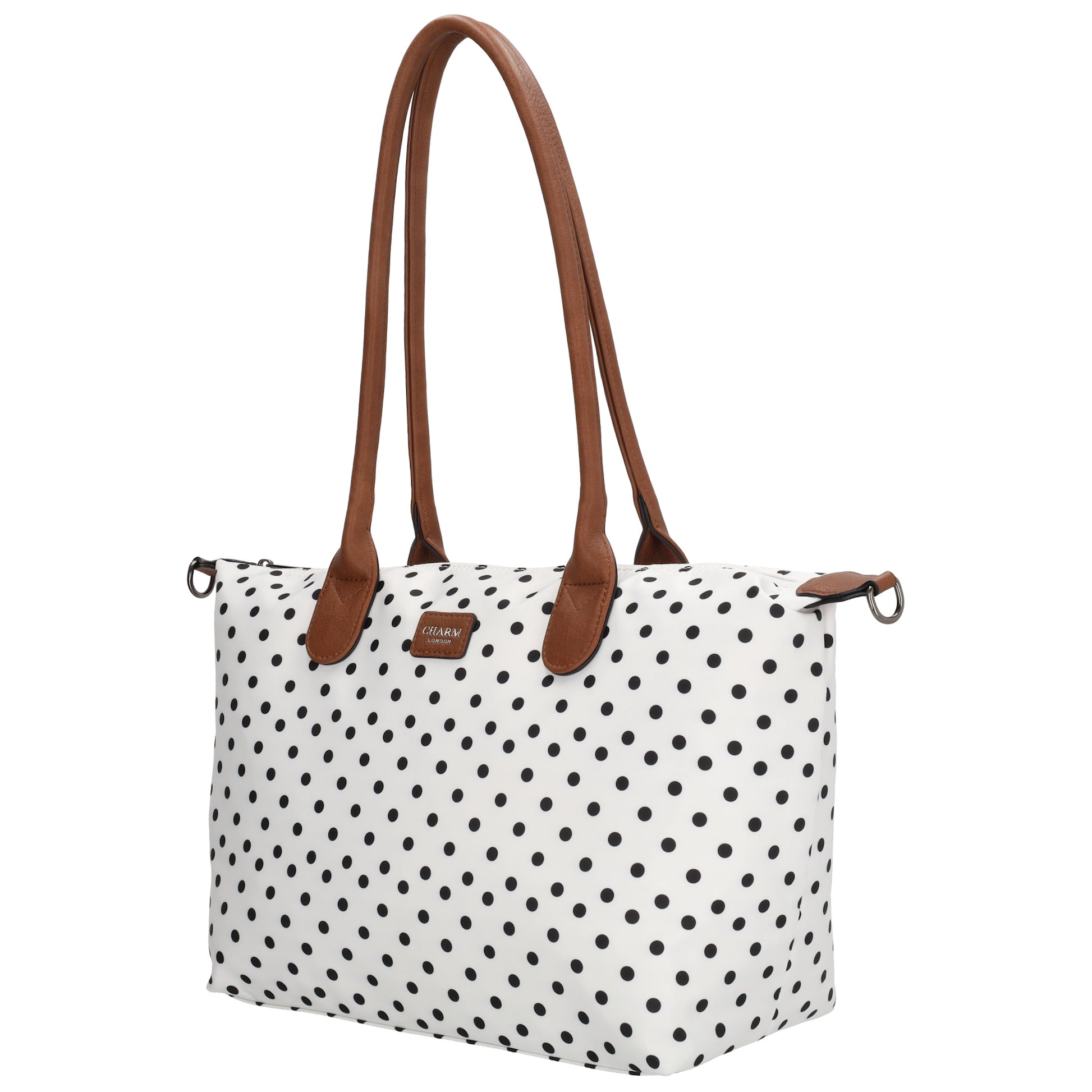 Schultertasche 42x25cm in Weiß | Punkte Schwarz aus Nylon - leder-accessoires.com
