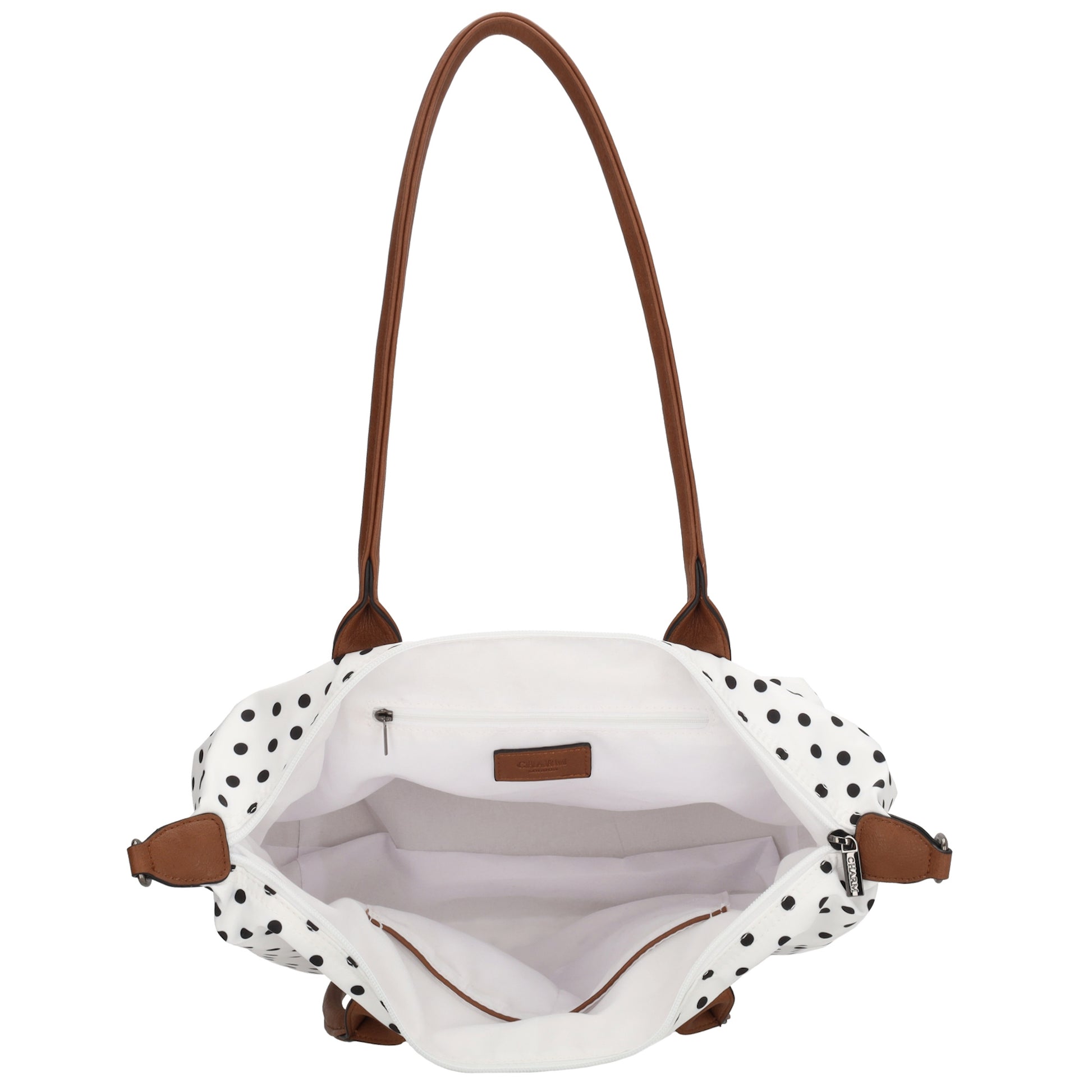 Schultertasche 42x25cm in Weiß | Punkte Schwarz aus Nylon - leder-accessoires.com