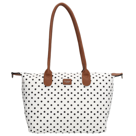 Schultertasche 42x25cm in Weiß | Punkte Schwarz aus Nylon - leder-accessoires.com