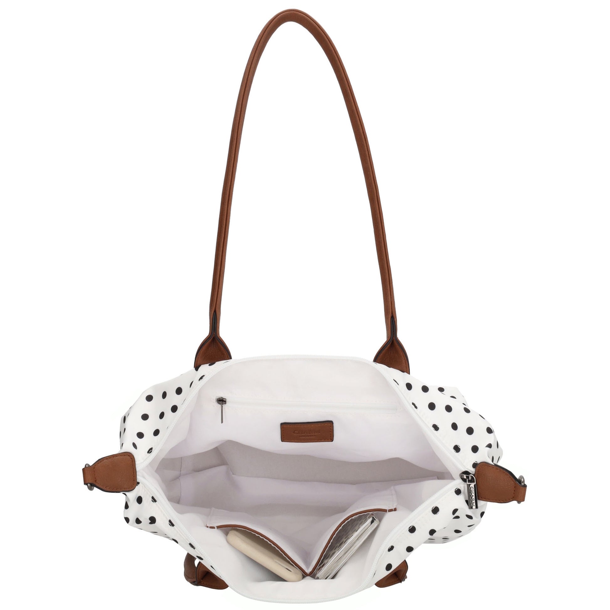 Schultertasche 42x25cm in Weiß | Punkte Schwarz aus Nylon - leder-accessoires.com