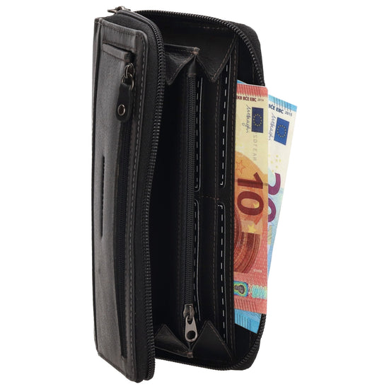 Lederbörse 19x10cm in Schwarz mit Reißverschluss und RFID-Schutz - leder-accessoires.com