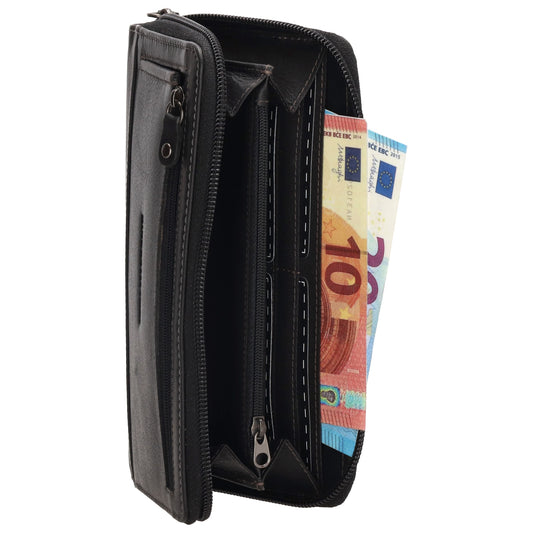 Lederbörse 19x10cm in Schwarz mit Reißverschluss und RFID-Schutz