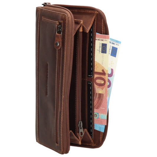 Lederbörse 19x10cm in Cognac mit Reißverschluss und RFID-Schutz