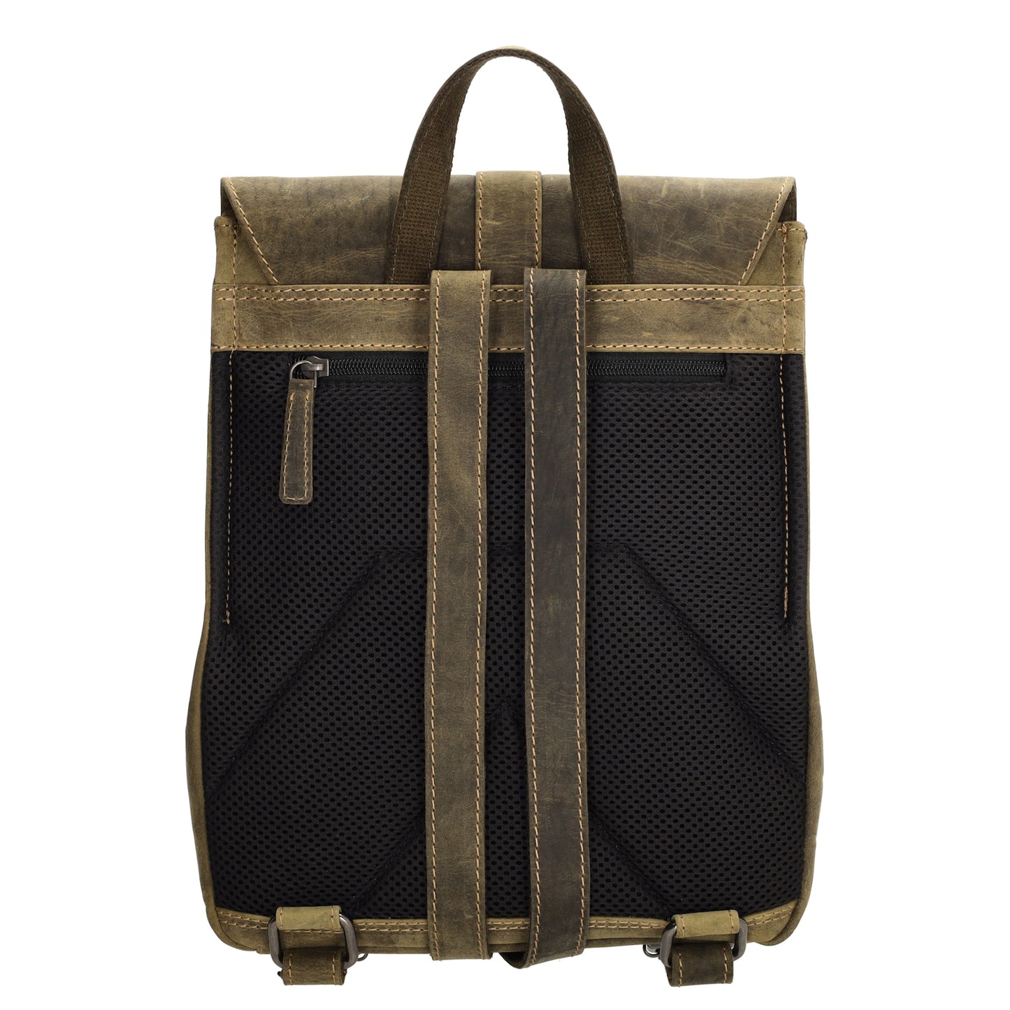 Rucksack 25,5x 23,5cm in Oliv mit Überschlag und Magnetverschluss aus Leder