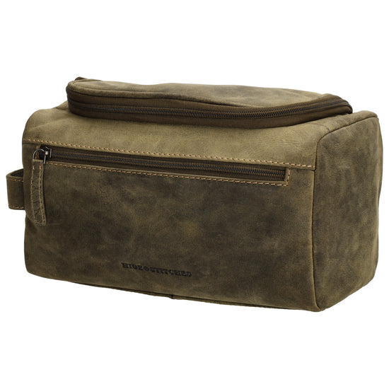 Kulturtasche 26x14,5cm in Olivgrün aus Leder zum Hängen - leder-accessoires.com