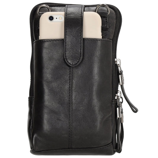 Handytasche| Mini Bag 11 x 19cm in Schwarz aus Leder mit Vortasche