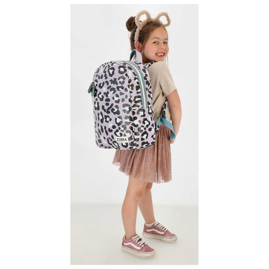 Kinderrucksack 27,5x38cm mit Pantermuster in Lila - leder-accessoires.com