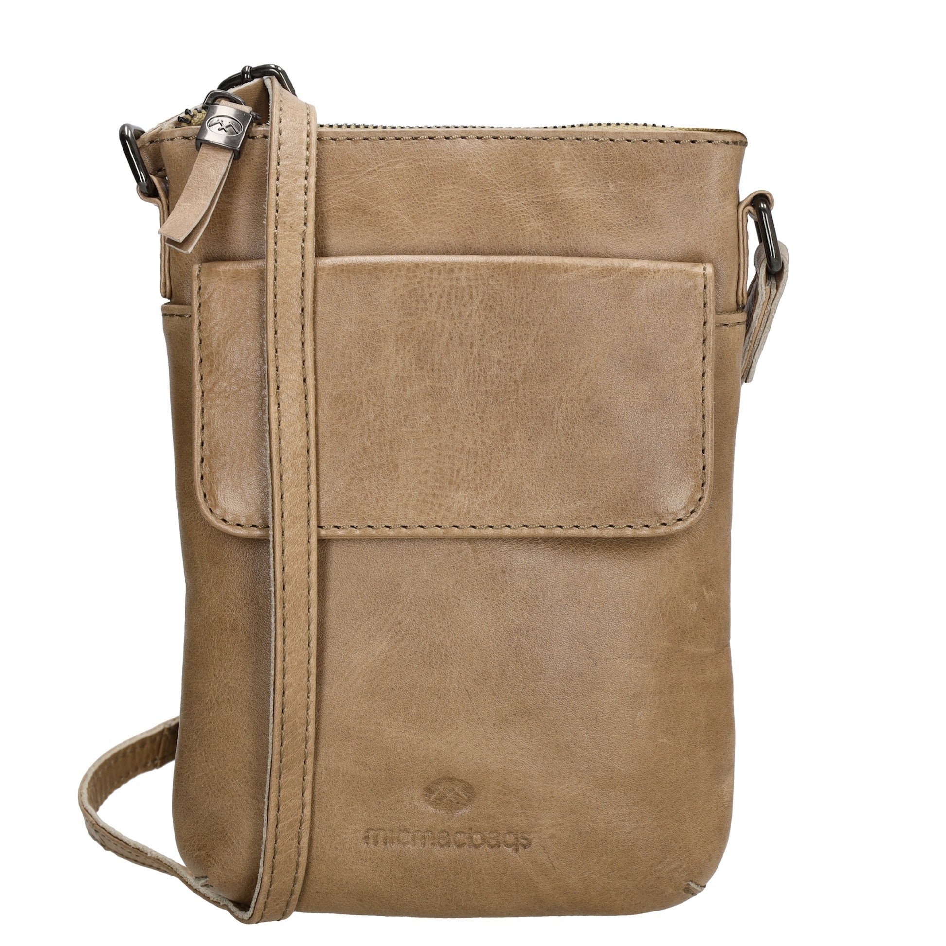 Umhängetasche| Mini Bag 16,5 x 22cm in Taupe aus Leder mit Vortasche - leder-accessoires.com
