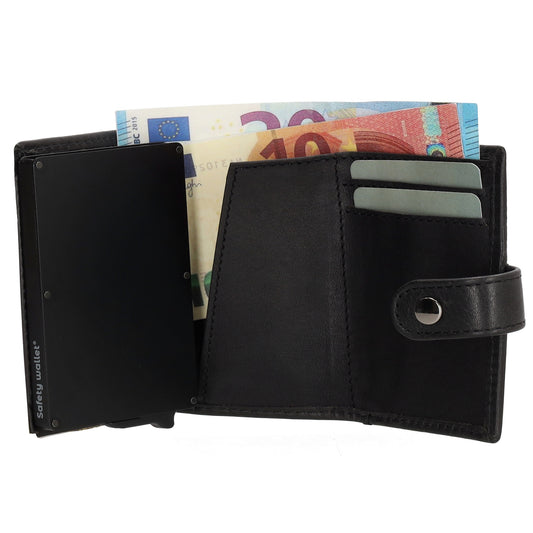 Kartenetui| Safty Wallet 10,5x7cm in Schwarz mit Druckknopf - leder-accessoires.com