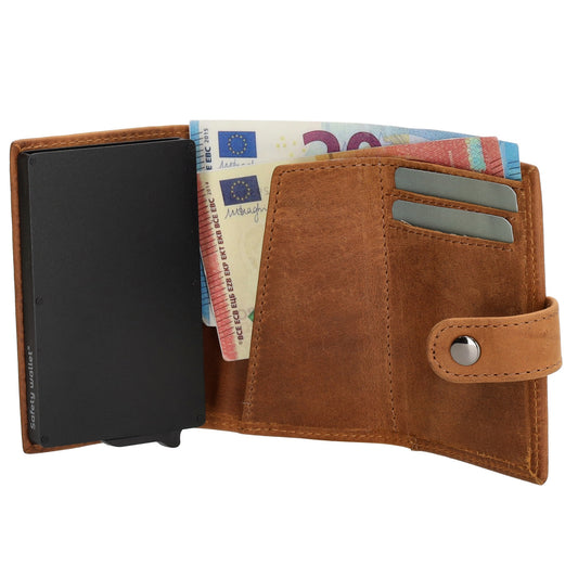 Kartenetui| Safty Wallet 10,5x7cm in Cognac mit Druckknopf - leder-accessoires.com
