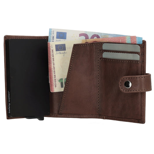 Kartenetui| Safty Wallet 10,5x7cm in Braun mit Druckknopf - leder-accessoires.com