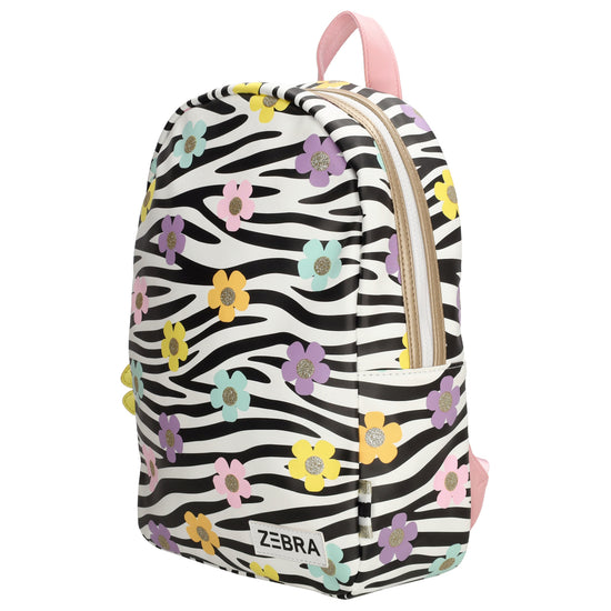 Kinderrucksack 25x35cm mit Zebra-Muster und Blumen in Schwarz| Weiß - leder-accessoires.com