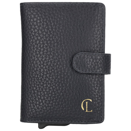 Kartenetui| Safty Wallet 7x10cm in Dunkelblau mit Druckknopf - leder-accessoires.com