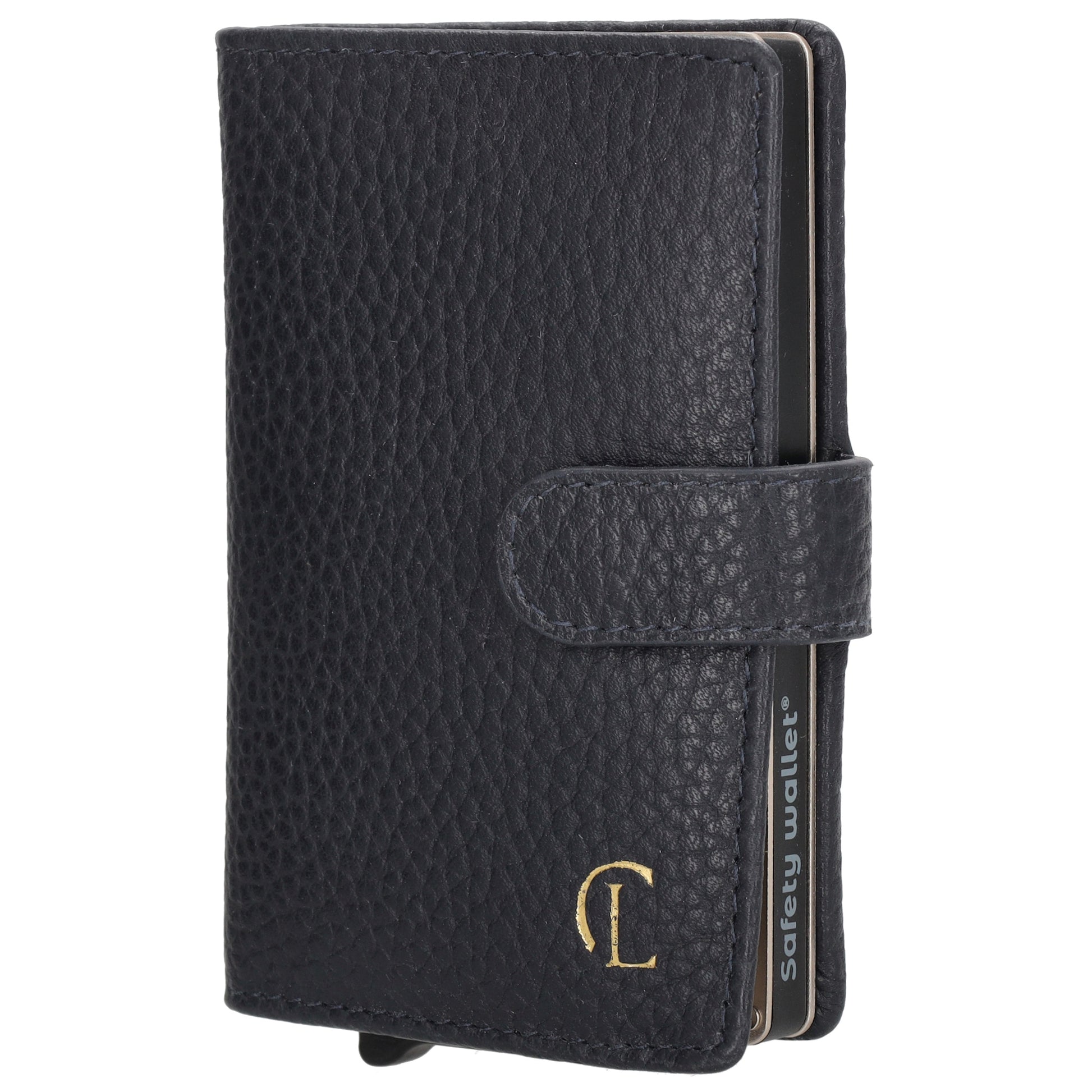 Kartenetui| Safty Wallet 7x10cm in Dunkelblau mit Druckknopf - leder-accessoires.com