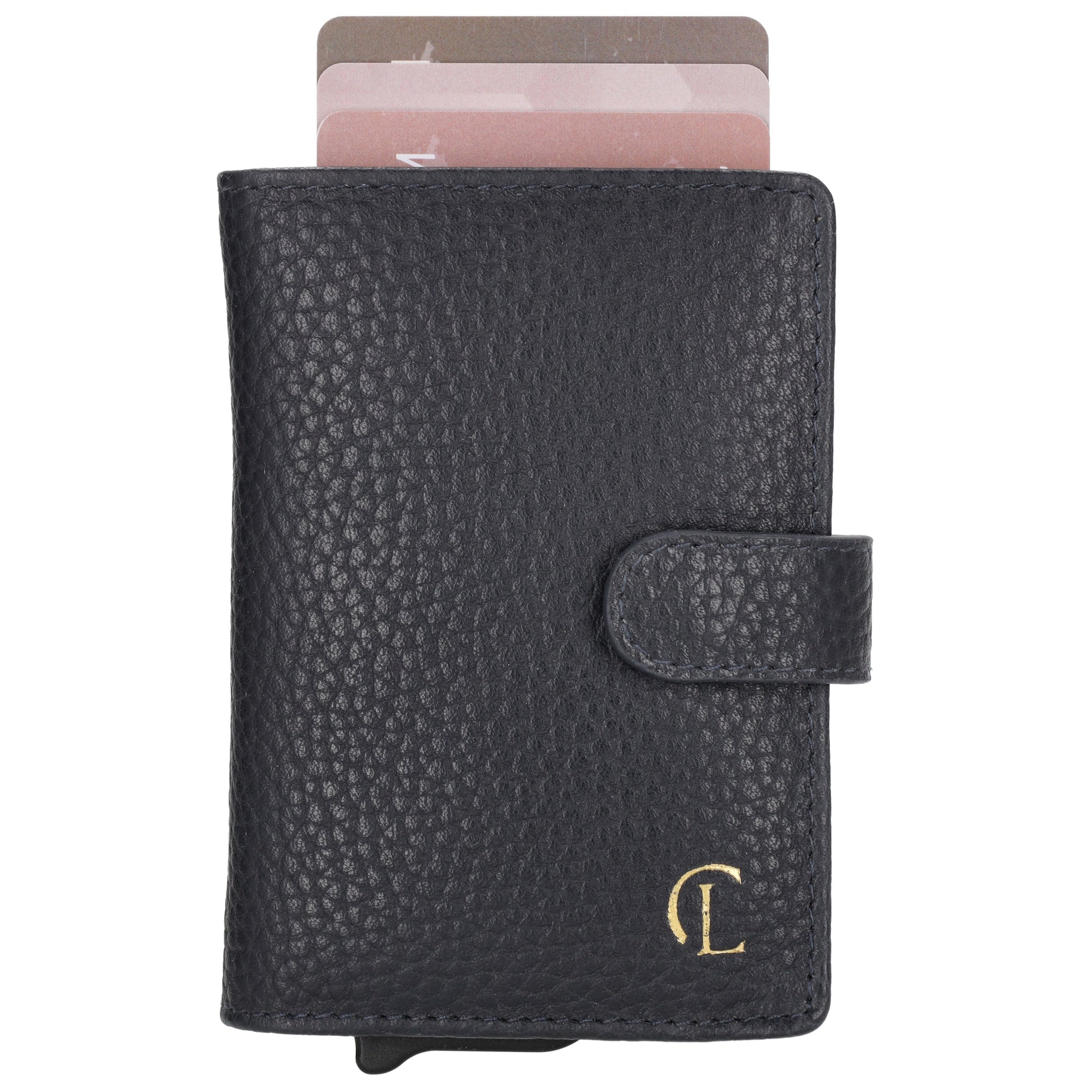 Kartenetui| Safty Wallet 7x10cm in Dunkelblau mit Druckknopf - leder-accessoires.com