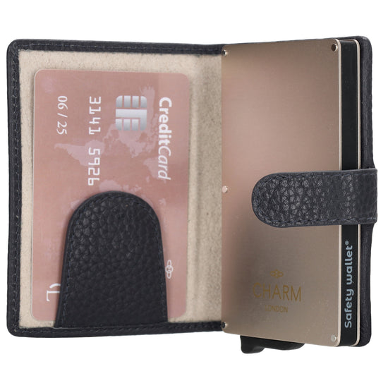 Kartenetui| Safty Wallet 7x10cm in Dunkelblau mit Druckknopf - leder-accessoires.com