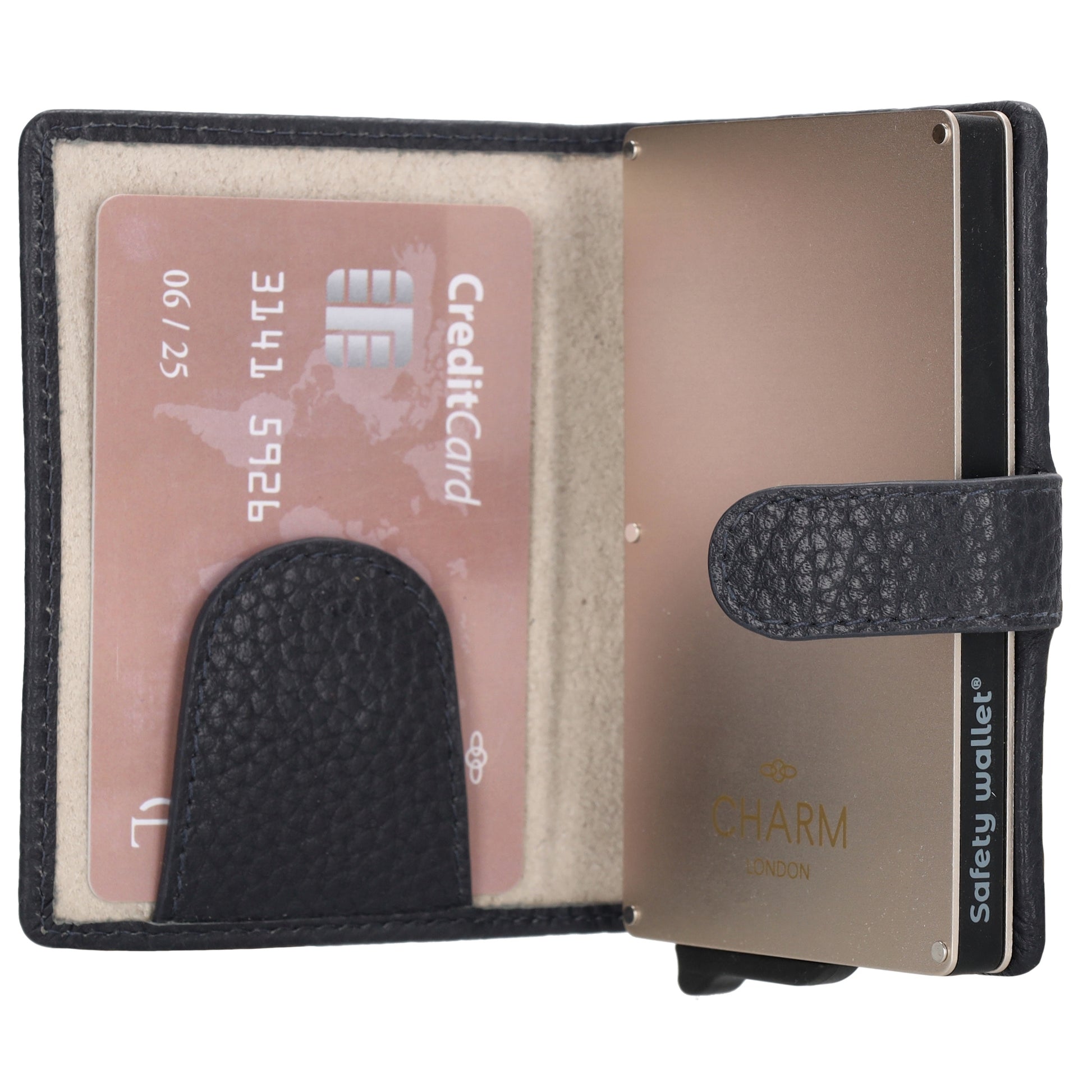 Kartenetui| Safty Wallet 7x10cm in Dunkelblau mit Druckknopf - leder-accessoires.com