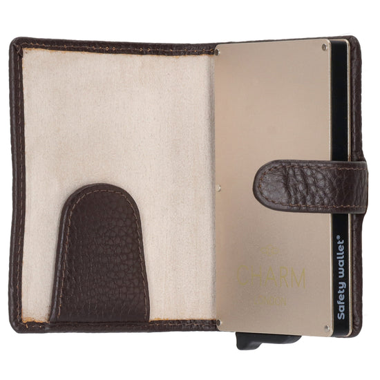 Kartenetui| Safty Wallet 7x10cm in Dunkelbraun mit Druckknopf - leder-accessoires.com
