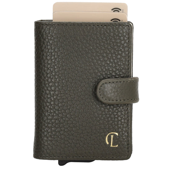 Kartenetui| Safty Wallet 7x10cm in Dunkelgrün mit Druckknopf - leder-accessoires.com