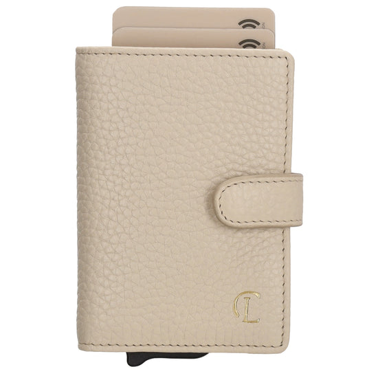 Kartenetui| Safty Wallet 7x10cm in Creme mit Druckknopf - leder-accessoires.com