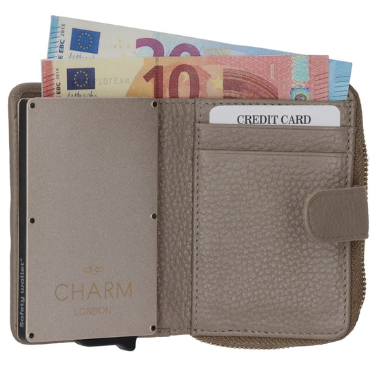 Kartenetui| Safty Wallet 11x7cm in Taupe und Rundumreißverschluss - leder-accessoires.com