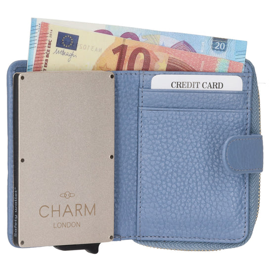 Kartenetui| Safty Wallet 11x7cm in Hellblau und Rundumreißverschluss - leder-accessoires.com