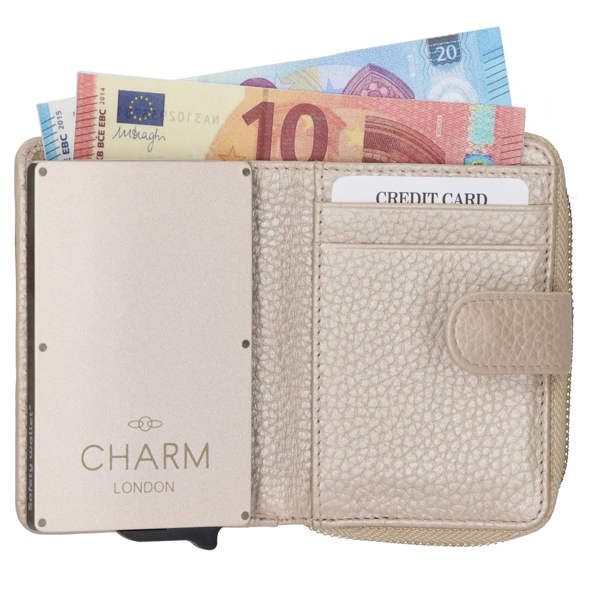 Kartenetui| Safty Wallet 11x7cm in Champagner und Rundumreißverschluss - leder-accessoires.com
